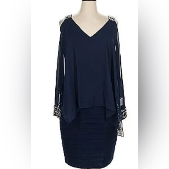 Betsy & Adams Elegant Navy Silver Cold Shoulder Drop Waist Dress Plus Sizes, NEW - Picture 4 of 14